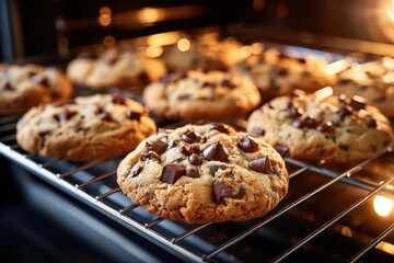 Chocolate chip cookies baking on rack in oven