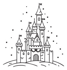 Obraz premium Whimsical medieval castle with turrets and flags against a starry sky - stock vector