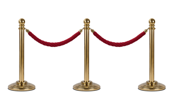 Three gold stanchions with red velvet rope isolated on a transparent background