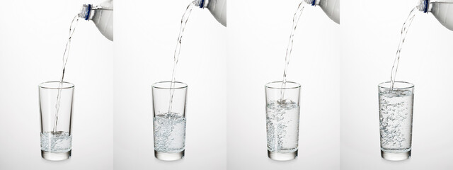 A crystal clear stream of water pours gracefully into a glass, captured in motion with sharp detail and precision. Photo set.