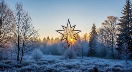 Winter Sunrise in Snowy Forest.