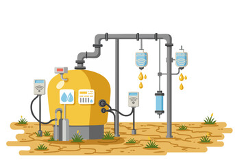 stylized illustration depicts a large water tank with IV drips conveying, modern graphic design showcasing water and technology Suitable for health wellness and sustainability themes