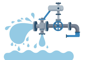 A stylized illustration depicts a water valve leaking, creating a splash. The design features a modern, flat style with blue water and grey pipes.  Clear, impactful visual.
