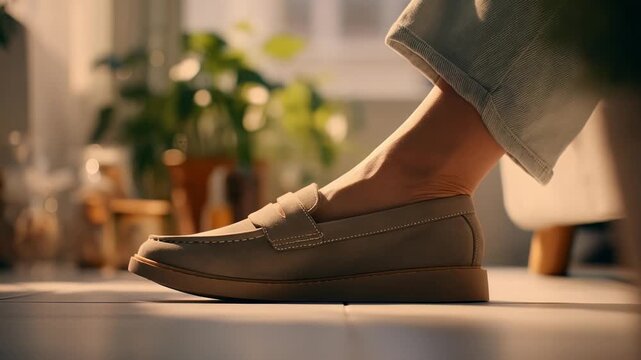 Foot in a beige loafer stepping across a sunlit indoor floor, with plants and furniture in the blurred background.