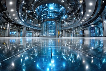 Futuristic Data Center with Glass Elevator and Servers