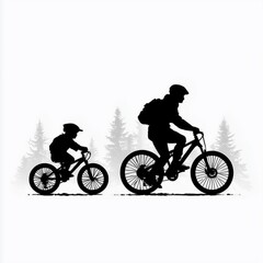 Obraz premium a minimalist black and white silhouette illustration of a father and son mountain biking