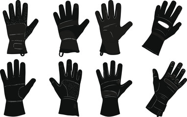 Obraz premium Glove silhouettes, padded styles, wrist closures, utility gloves, boxing gloves, black vector, fashion icons, protective gear, handwear design, accessory set