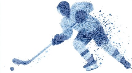 A skilled ice hockey player glides across the rink holding a stick and preparing to take a shot. The blue tones emphasize movement and energy capturing the sports excitement.
