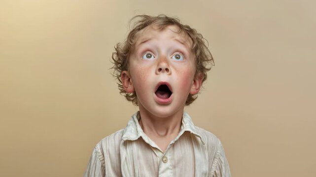Wide‑eyed boy gasps in comic surprise on warm backdrop, mouth rounded into an expressive &lsquo;wow&rsquo;&mdash;a meme‑ready reaction shot perfect for thumbnails, education pieces and playful ads wherever delight, sho