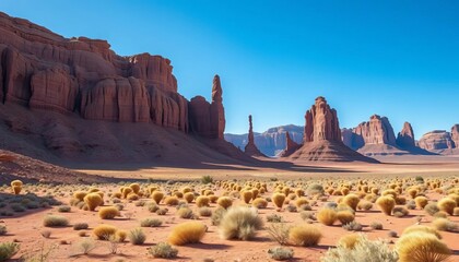Vast, arid desert landscape with towering rock formations, scenic, vista