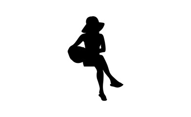 Silhouette of a woman sitting with hat and handbag isolated on white background