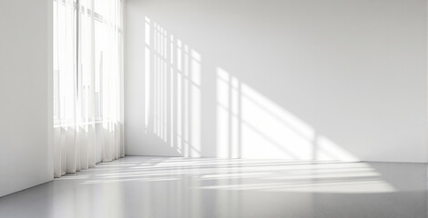 Bright sunlight casting window shadows on white empty wall and floor in minimalist interior space with sheer curtains and soft city view outside window.. Ai generative