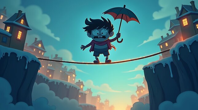 A cartoon illustration of a character gingerly tip-toeing across a thin, glowing tightrope stretched precariously high above a whimsical, stylized cityscape