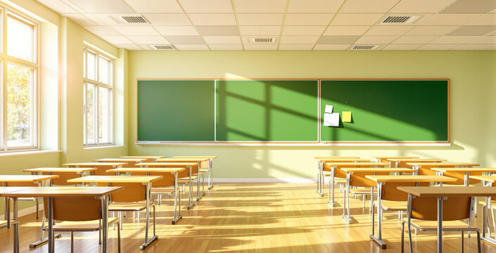 Sunlit empty classroom interior with green chalkboard, wooden desks, and natural light through large windows in a modern educational space concept. Ai generative
