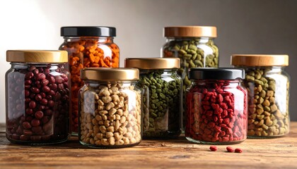 Assorted pet food in glass jars on a wooden surface