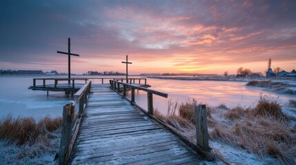 Obraz premium A wooden pier extends over still water with two crosses standing tall at the end. The sky is painted in warm colors of sunrise creating a peaceful winter scene.