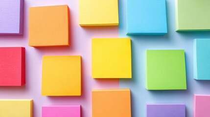 Brightly colored sticky notes are lined up neatly on a smooth surface. The arrangement features an array of pastel and vibrant shades that create a lively and playful atmosphere.