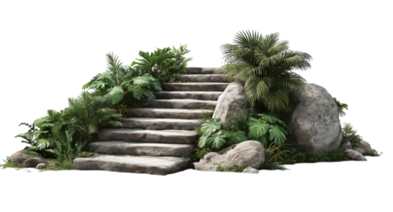 Stone Staircase Surrounded by Lush Green Tropical Plants isolated on a transparent background