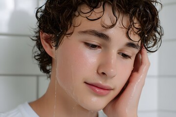 Naklejka premium Young Male in Shower with Water Dripping from Curly Hair