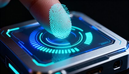 AI-powered security system scanning biometric fingerprint, futuristic glowing interface