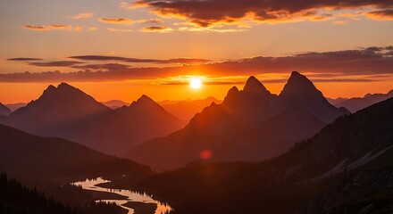Majestic Sunset Over Mountain Peaks.