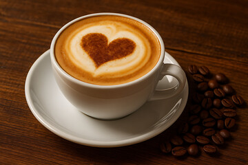 Obraz premium Love Brewed: A beautifully crafted cup of coffee with heart-shaped latte art, next to a small pile of coffee bean sitting on a wooden table.