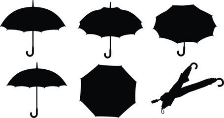Umbrella silhouette collection, black umbrella vector icons, open and closed parasol designs, isolated umbrella shapes, rain protection clipart, classic weather symbols © Hello World