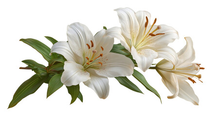 Fototapeta premium Three white lilies with green leaves on a transparent background isolated on a transparent background