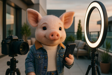 Pig with Phone on Terrace: A charming anthropomorphic pig content creator poses on a terrace, using a phone with a ring light and camera to capture engaging content.