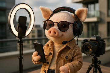 Pig Influencer: A charming pig character, sporting headphones and spectacles, engages in content creation with a modern setup.