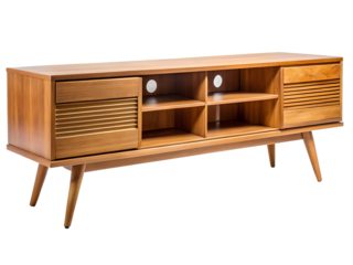 Midcentury modern wooden media console with storage isolated on transparent background