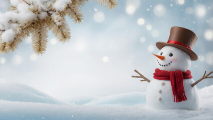 Fototapeta premium Cheerful snowman in a winter wonderland celebrating Christmas and New Year with snow-covered landscape