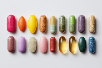 Colorful assortment of various dietary supplements and capsules arranged neatly on a light background, showcasing different shapes, sizes, and textures for health and wellness concepts