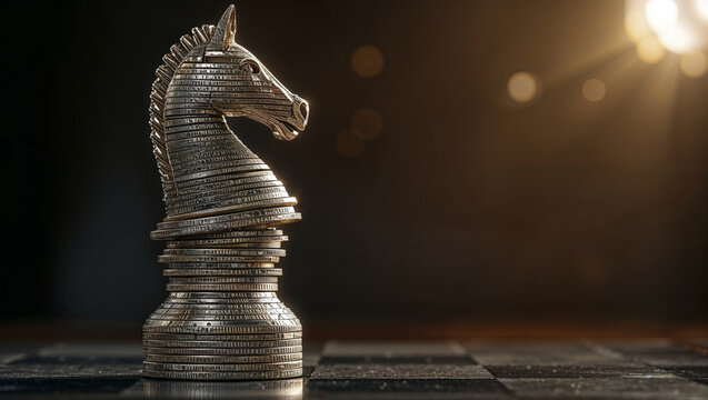 Unconventional Finance Strategies Illustrated Through the Chess Knight and Coins Symbolizing Market Growth and Success