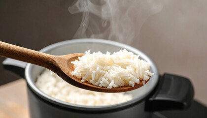 Steaming white rice lifted from a rice cooker with a metal spoon—evoking warmth, freshness, and everyday comfort in a kitchen setting.