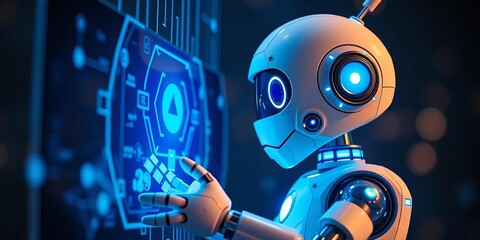 Cute futuristic robot interacts with holographic blue digital interface,  simple,  HUD