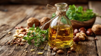 A glass bottle of organic olive oil sits amidst fresh herbs and a variety of nuts on a rustic wooden table. The setting conveys a natural healthy vibe perfect for cooking.