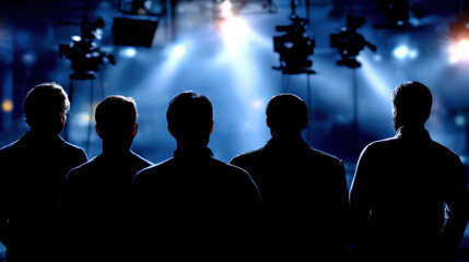 Image features group of five individuals silhouetted against backdrop of bright stage lights, creating dramatic and cinematic atmosphere. scene conveys sense of anticipation and excitement