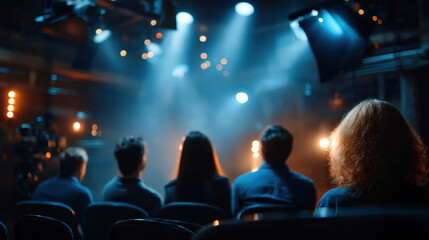 Cinematic scene featuring group of people watching performance under dramatic lighting. atmosphere is filled with anticipation and creativity, highlighting excitement of moment