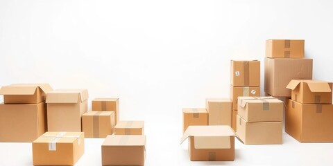 Various sized cardboard boxes neatly arranged on a clean white background, shipment, logistics