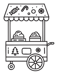 Hand-drawn candy cart with snow cones and holiday decorations - stock vector