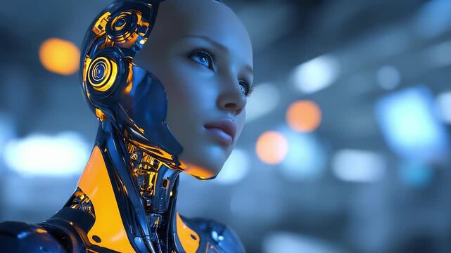 A lifelike humanoid robot with blue metallic skin and gold accents gazes into a futuristic, softly lit lab.