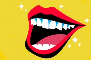Vibrant Stylized Open Mouth with Bright Teeth on Textured Yellow Background