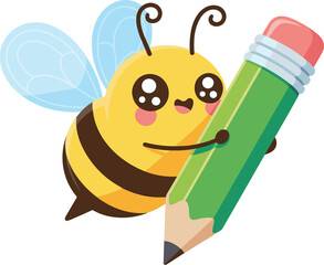 Cartoon bee holding green pencil, flying with smile, pink cheeks, blue wings, creative character for learning, flat vector illustration