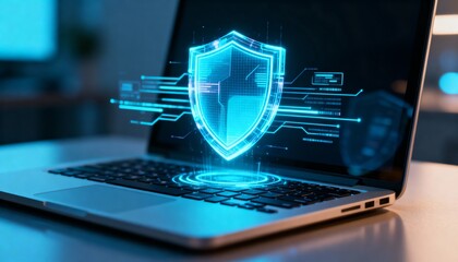 Cyber shield hologram floating above laptop keyboard, futuristic data protection technology