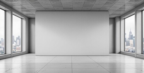 Modern empty office interior with large windows, city view, and blank wall for poster or design mockup in minimalist architectural concept style. Ai generative