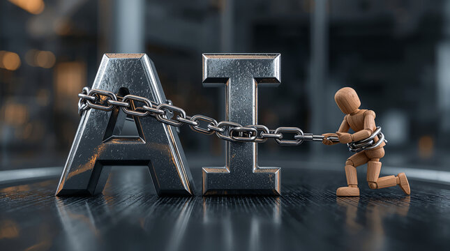 Chains of Technology Bind Progress as a Wooden Figure Pulls Heavy AI Letters in a Modern Workspace