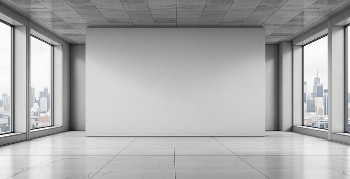 Modern empty office interior with large windows, city view, and blank wall for poster or design mockup in minimalist architectural concept style. Ai generative