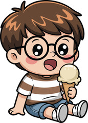Cartoon child eating ice cream, happy boy with glasses, sitting pose, striped shirt, summer treat moment, flat vector illustration