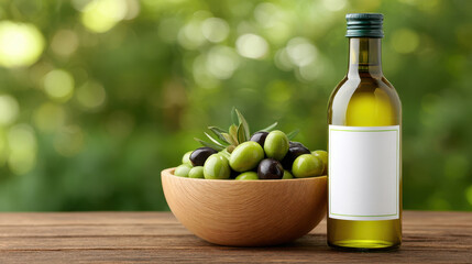 Obraz premium Olive oil bottle with blank label and wooden bowl filled with green and black olives wooden table with blurred green background